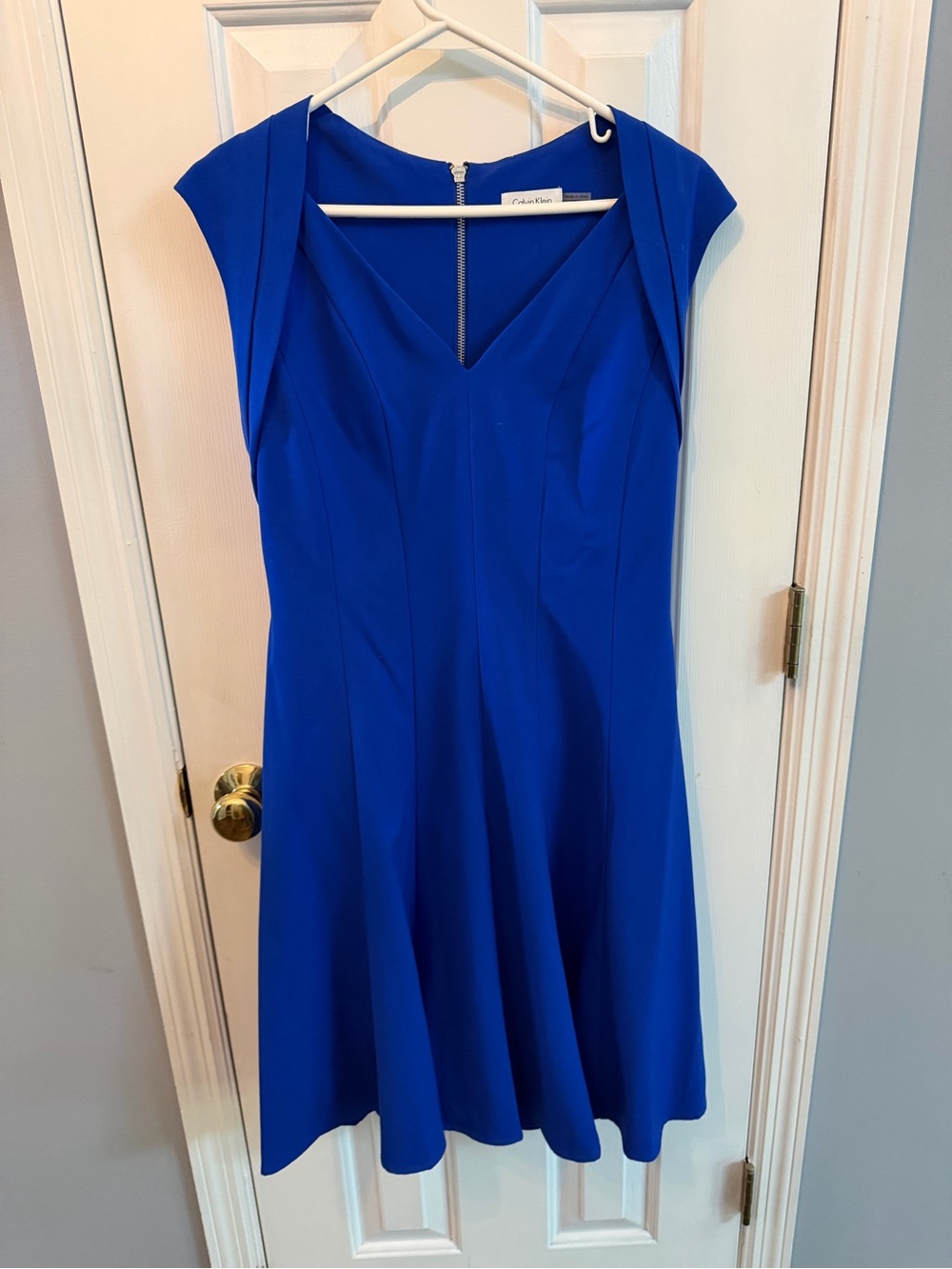 Calvin Klein Cobalt Blue V-Neck Cap Sleeve Fit & Flare Midi Dress